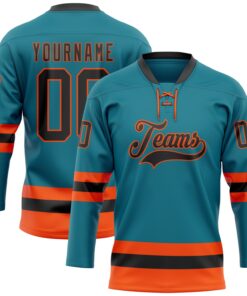 Custom Teal Black-Orange Hockey Lace Neck Jersey