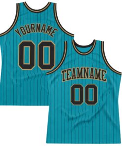 Custom Teal Black Pinstripe Black-Old Gold Authentic Basketball Jersey
