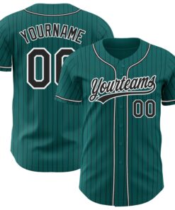 Custom Teal Black Pinstripe Black-White Authentic Baseball Jersey