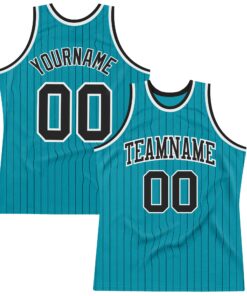 Custom Teal Black Pinstripe Black-White Authentic Basketball Jersey