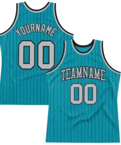 Custom Teal Black Pinstripe Gray Authentic Basketball Jersey