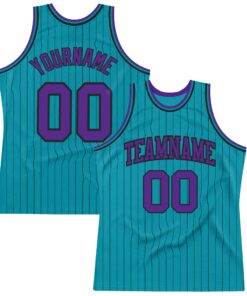 Custom Teal Black Pinstripe Purple Authentic Basketball Jersey