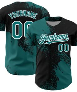 Custom Teal Black-White 3D Pattern Design Abstract Brush Stroke Authentic Baseball Jersey