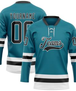 Custom Teal Black-White Hockey Lace Neck Jersey