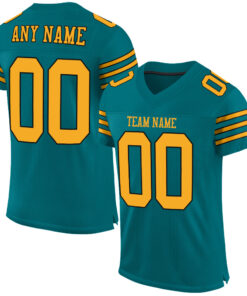 Custom Teal Gold-Black Mesh Authentic Football Jersey