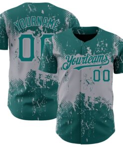 Custom Teal Gray 3D Pattern Design Abstract Splatter Grunge Art Authentic Baseball Jersey