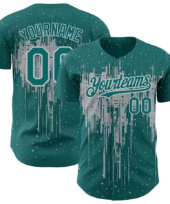 Custom Teal Gray 3D Pattern Design Dripping Splatter Art Authentic Baseball Jersey