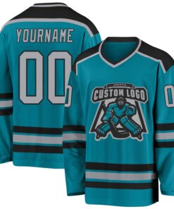 Custom Teal Gray-Black Hockey Jersey