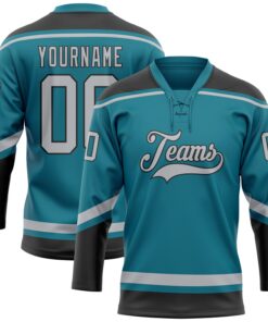 Custom Teal Gray-Black Hockey Lace Neck Jersey