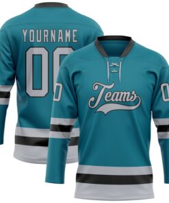 Custom Teal Gray-Black Hockey Lace Neck Jersey