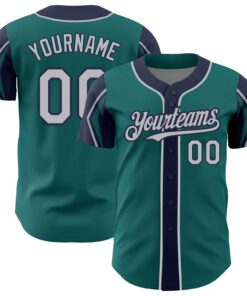 Custom Teal Gray-Navy 3 Colors Arm Shapes Authentic Baseball Jersey