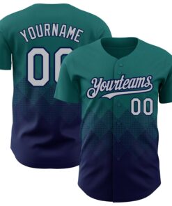 Custom Teal Gray-Navy 3D Pattern Design Gradient Square Shapes Authentic Baseball Jersey