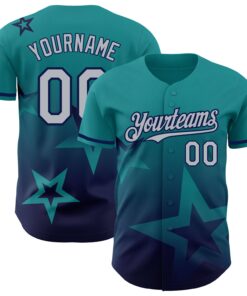 Custom Teal Gray-Navy 3D Pattern Design Gradient Style Twinkle Star Authentic Baseball Jersey