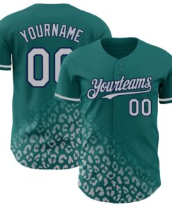 Custom Teal Gray-Navy 3D Pattern Design Leopard Print Fade Fashion Authentic Baseball Jersey