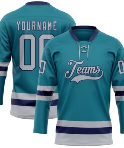 Custom Teal Gray-Navy Hockey Lace Neck Jersey