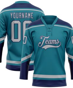 Custom Teal Gray-Navy Hockey Lace Neck Jersey