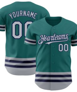 Custom Teal Gray-Navy Line Authentic Baseball Jersey