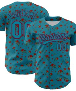 Custom Teal Maroon 3D Pattern Design Gothic Style Rose Authentic Baseball Jersey