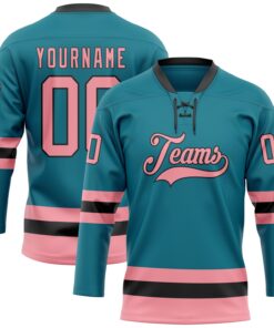Custom Teal Medium Pink-Black Hockey Lace Neck Jersey