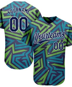 Custom Teal Navy-Kelly Green 3D Pattern Design Authentic Baseball Jersey