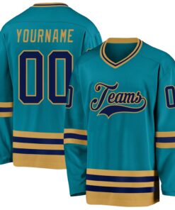 Custom Teal Navy-Old Gold Hockey Jersey