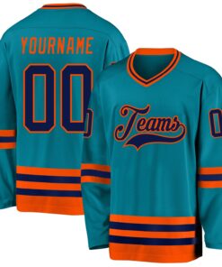Custom Teal Navy-Orange Hockey Jersey