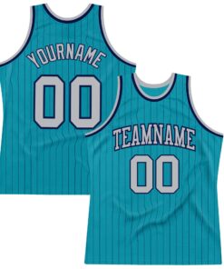 Custom Teal Navy Pinstripe Gray Authentic Basketball Jersey