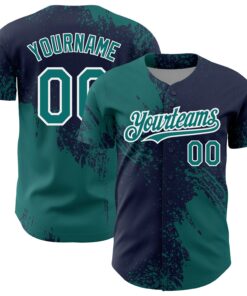 Custom Teal Navy-White 3D Pattern Design Abstract Brush Stroke Authentic Baseball Jersey