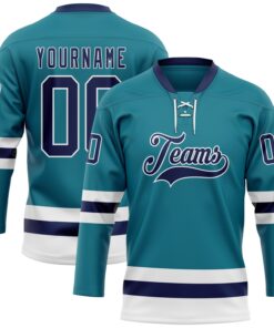 Custom Teal Navy-White Hockey Lace Neck Jersey