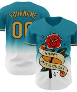 Custom Teal Old Gold-Black 3D Pattern Design Gradient Mother's Day Flower Authentic Baseball Jersey