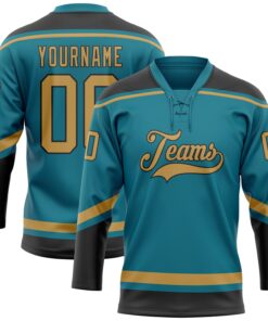 Custom Teal Old Gold-Black Hockey Lace Neck Jersey
