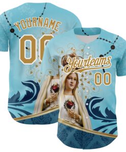 Custom Teal Old Gold-White 3D Pattern Design Religion Virgin Mary Authentic Baseball Jersey