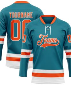 Custom Teal Orange-White Hockey Lace Neck Jersey
