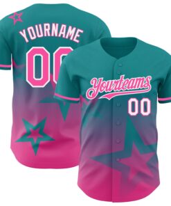 Custom Teal Pink-White 3D Pattern Design Gradient Style Twinkle Star Authentic Baseball Jersey