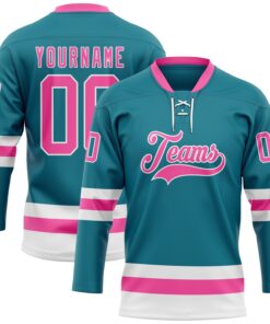 Custom Teal Pink-White Hockey Lace Neck Jersey