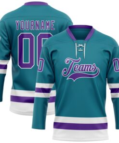 Custom Teal Purple-White Hockey Lace Neck Jersey