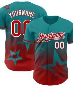 Custom Teal Red-White 3D Pattern Design Gradient Style Twinkle Star Authentic Baseball Jersey
