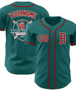 Custom Teal Red-White Authentic Baseball Jersey