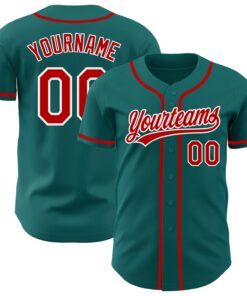 Custom Teal Red-White Authentic Baseball Jersey
