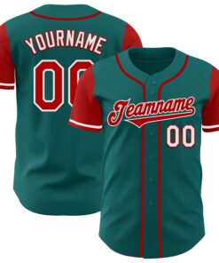 Custom Teal Red-White Authentic Two Tone Baseball Jersey