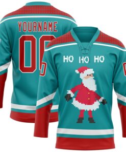 Custom Teal Red-White Christmas Santa Claus 3D Hockey Lace Neck Jersey