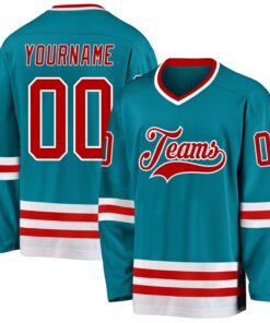 Custom Teal Red-White Hockey Jersey
