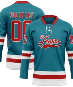 Custom Teal Red-White Hockey Lace Neck Jersey
