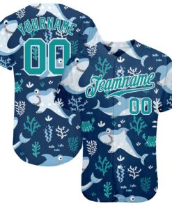 Custom Teal Teal-White 3D Pattern Design Sharks Authentic Baseball Jersey