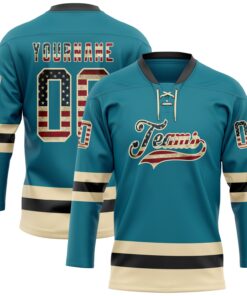 Custom Teal Vintage USA Flag Cream-Black Hockey Lace Neck Jersey