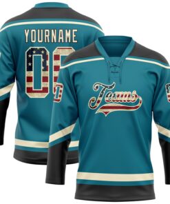 Custom Teal Vintage USA Flag Cream-Black Hockey Lace Neck Jersey