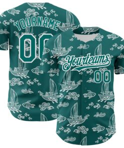 Custom Teal White 3D Pattern Design Boats And Fish Authentic Baseball Jersey