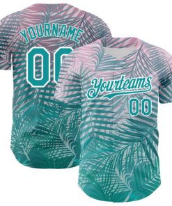 Custom Teal White 3D Pattern Design Tropical Hawaii Palm Leaves Authentic Baseball Jersey