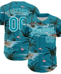 Custom Teal White 3D Pattern Design Tropical Hawaii Palm Trees Authentic Baseball Jersey