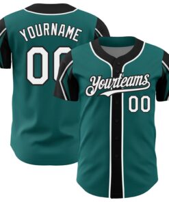 Custom Teal White-Black 3 Colors Arm Shapes Authentic Baseball Jersey